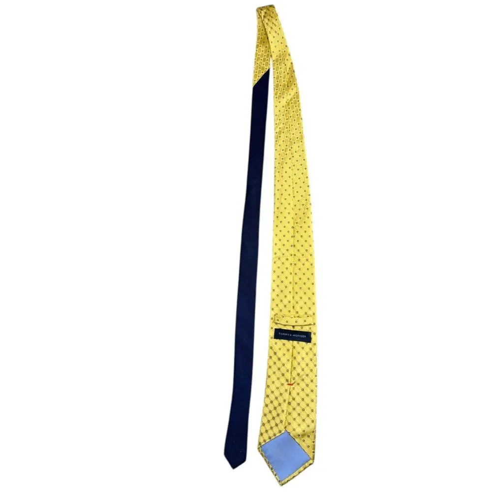 Tommy Hilfiger Extra Long Silk Tie Yellow Navy Geometric Medallion 67.5”